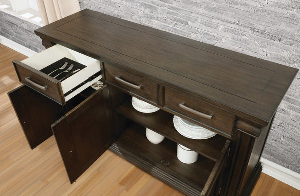 English Elm Contemporary Rustic Server with Solid Wood Accents, Molded Details and Functional Storage Drawers for Dining Room Furniture Espresso,Warm Grey 63 L x 22 W x 41 H B2741P309204