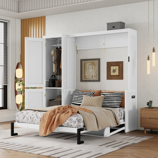 English Elm Queen Murphy Wall Bed with Integrated Desk Gas Strut Lift White Cabinet for Small Spaces W504S00271