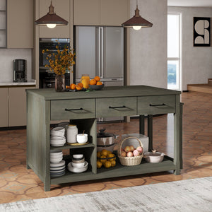 English Elm TREXM Expandable Kitchen Island with Hidden Pull-Out Extension, Built-In Outlets, Retro Storage Wheels Gray XW000023AAE