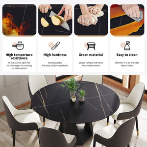 English Elm 59.05" Round Marble Dining Table - Elegant Artificial Marble Top, Black Iron Base For 6-8 Guests W1535S00402
