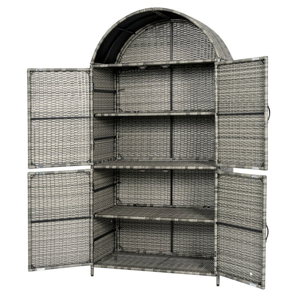 English Elm K&k Tall Arched Pe Rattan Outdoor Storage Cabinet with Adjustable Shelves and Steel Frame Grey N707P420158G