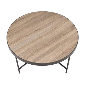 English Elm Round 33" Wooden Top Coffee Table with Weathered Gray Oak Finish, Industrial Metal Frame & Cross Stretchers B016P310526