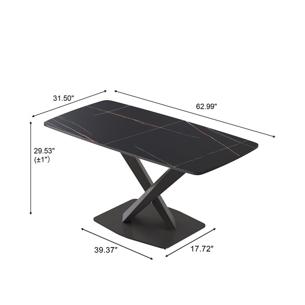 English Elm 63"Modern 63" Modern Sintered Stone Dining Table With Black Metal X-Leg Design For 6 - Stylish & Durable W1535S00535