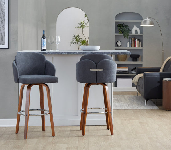 English Elm Fixed-height Mid-century Barstools with Walnut Legs and Grey Upholstered Seats Set B202S01900