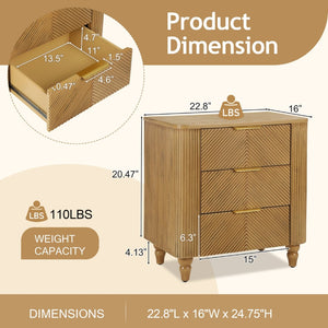 English Elm Mid-century Fluted 3 Drawer Nightstand with Gourd Legs and Gold Tone Handles for Bedroom Natural N761P285712N