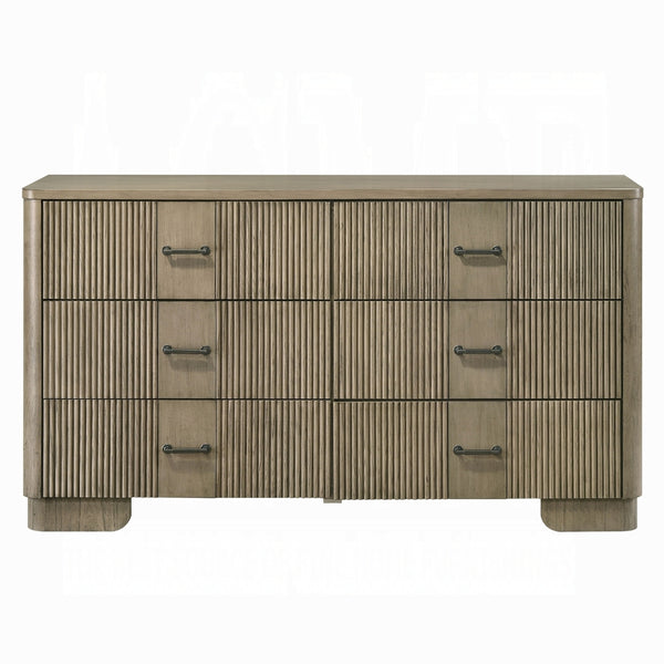 English Elm 1pc Transitional 6-Drawer Dresser in Antique Finish with Reeded Fronts, Felt-Lined Top, Metal Glides Oak 65 L x 21 W x 37 H B2741P408065