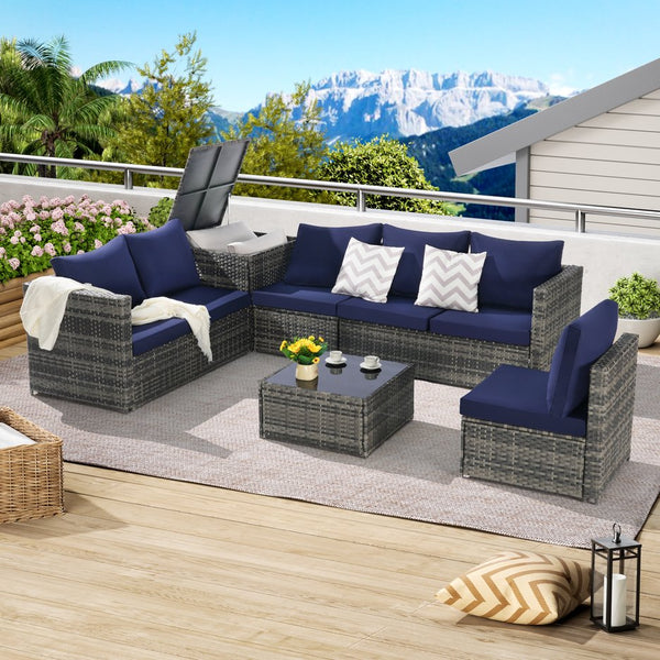 English Elm 6 6-Piece Wicker Patio Sectional Set with Tempered Glass Coffee Table, Weather-Resistant Rattan Sofa Dark Blue W874S00030