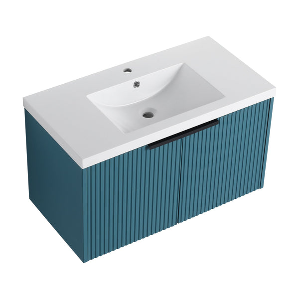 English Elm 36" Floating Bathroom Vanity with Resin Sink, Wavy Doors, Soft-Close Hinges & Durable Plywood Finish Lake Blue W999P251809