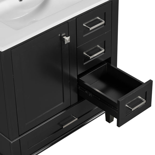 English Elm 30" Modern Bathroom Vanity with Solid Wood Frame, 3 Soft-Close Drawers and Ceramic Sink, Sleek Design Black N729P170557B