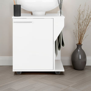 English Elm White Under Sink Storage Cabinet with Oak Accent, Two Shelves for Compact Stylish Bathroom Organization and Durability B062P380957