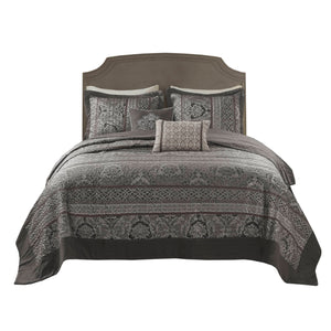 JLA Home Madison Park - 5 Reversible Jacquard Bedspread Set with Quilted Polyester, Brown Gold Leaf Motifs & Embroidered Pillows 118 L x 102 W x 0.25H MP13-8782