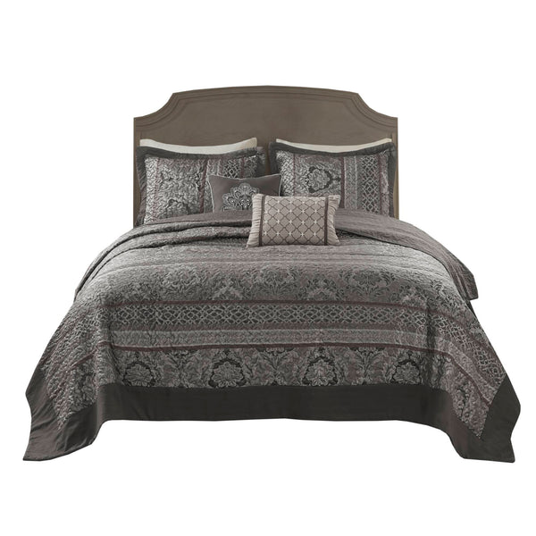 JLA Home Madison Park - 5 Reversible Jacquard Bedspread Set with Quilted Polyester, Brown Gold Leaf Motifs & Embroidered Pillows 118 L x 102 W x 0.25H MP13-8782