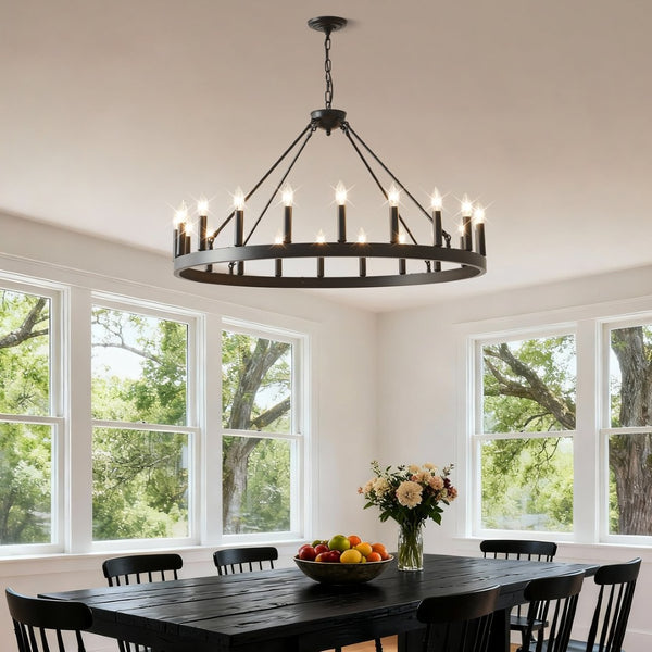 English Elm 20-light Oversized Wagon Wheel Chandelier Matte Black Farmhouse Style for Grand Spaces W5008P388936