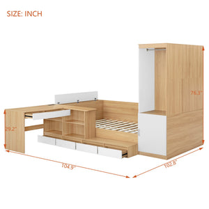 English Elm Full Size Wooden Platform Bed With 6 Drawers, Desk, Shelves & Wardrobe - Stylish Natural Finish N820S00060N