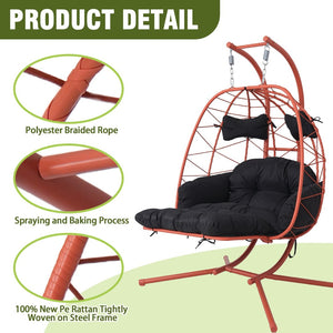 English Elm 2 Person Wicker Hanging Egg Chair with Stand Padded Swing for Patio or Garden T5880P500223