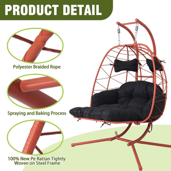English Elm 2 Person Wicker Hanging Egg Chair with Stand Padded Swing for Patio or Garden T5880P500223