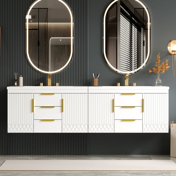 English Elm 72'' Wall Mounted Bathroom Vanity with 4 Drawers & Double Cabinets, Waterproof MDF, Smooth Slide Rails White N710SS00009K