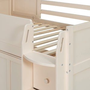 English Elm Twin House Loft Bed with Pull Out Rolling Desk Stair Drawers and Cabinet Storage Beige N820S00072A