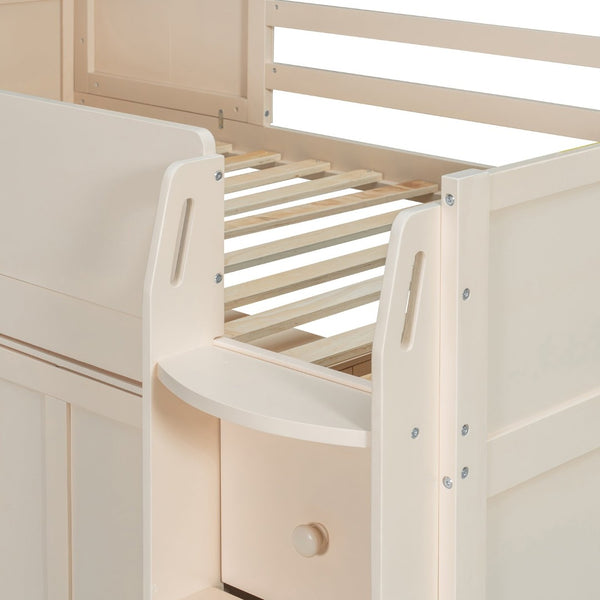 English Elm Twin House Loft Bed with Pull Out Rolling Desk Stair Drawers and Cabinet Storage Beige N820S00072A