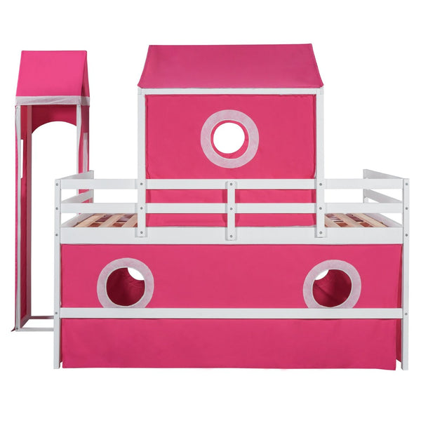 English Elm Full Size Kids Castle Loft Bed with Slide Tent and Tower Pinewood Play Structure LT000771AAH-1