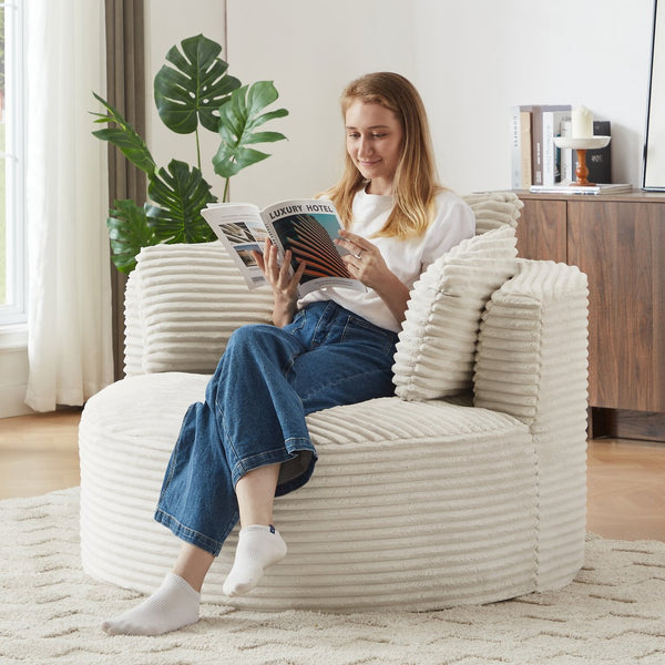 English Elm Compressible Corduroy Round Chair with Pocket Spring Cushioning, No-Assembly Plush Seating for Home Office Lounge White W2339P323625