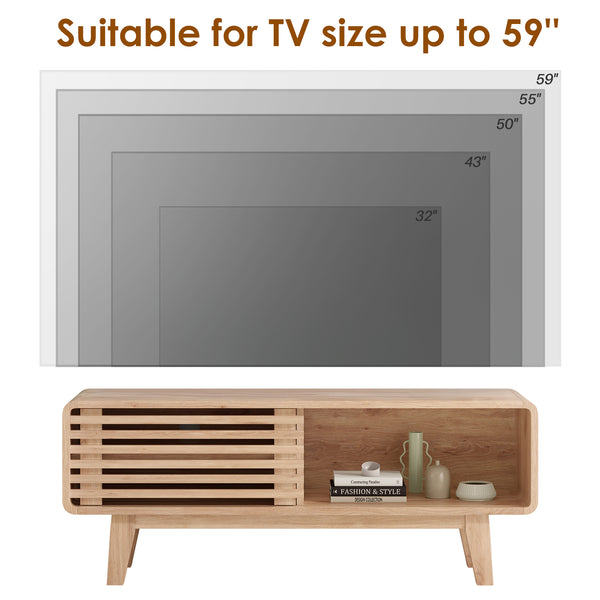 English Elm TV Stand Sleek Mid-Century Console with Sliding Door Storage and Open Shelves for Organized Living Room Natural T3623P379956