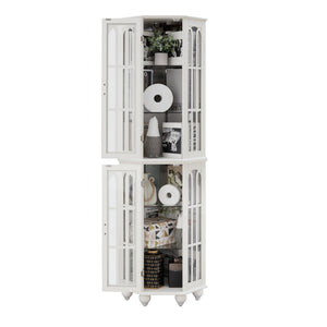 English Elm Corner Curio Cabinet with 6 Shelves, Tempered Glass Display, Built-In Lighting, Mirrored Back White W1693P216951