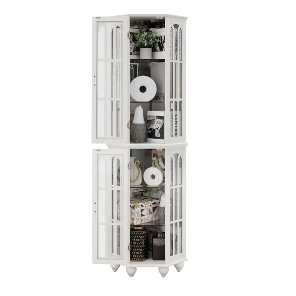 English Elm Corner Curio Cabinet with 6 Shelves, Tempered Glass Display, Built-In Lighting, Mirrored Back White W1693P216951
