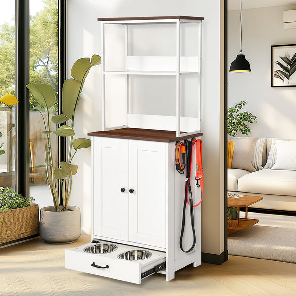 English Elm Pet Feeding Station with Hidden Pull-Out Drawers, Stainless Bowls, Adjustable Panel & Shelves for Storage W1687P271054