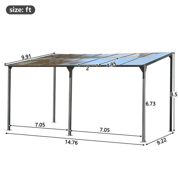 English Elm Wall-Mounted Heavy-Duty Patio Gazebo 14.76x9.22 ft, Powder-Coated Iron Frame, PC Roof UV60+ Protection, Gray N719Z000180E