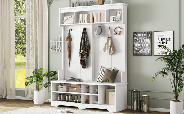 English Elm Modern Hallway Hall Tree with Bench, 6 Metal Hooks & Shoe Cubbies, Spacious Entryway Organizer White W1580P327014