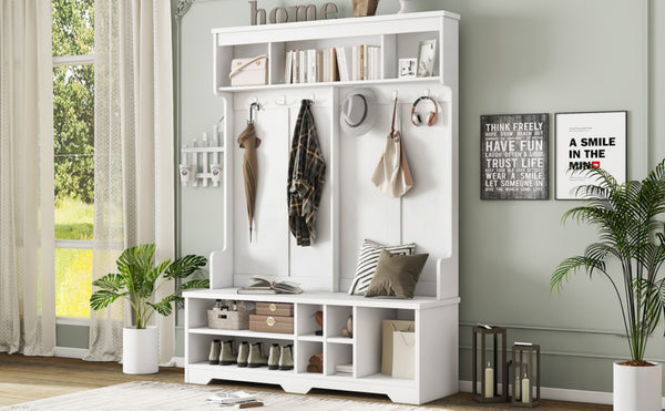 English Elm Modern Entryway Hall Tree with Six Hooks Bench Seat and Open Shoe Cubbies White W1580S00617