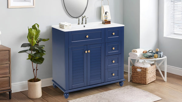 English Elm 36" Modern Grey Bathroom Vanity with Ceramic Sink, Solid Wood Frame, Soft-Close Drawers, Organizer Storage Blue W2896P344087