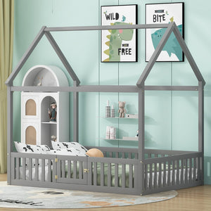 English Elm Full Size Pine House Bed with Pitched Roof Fence and Door for Kids Playroom WF531502AAE