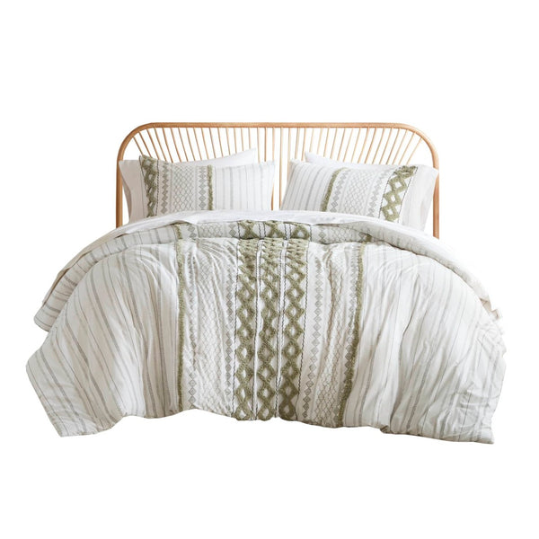 English Elm 3 Piece Cotton Chenille Comforter Set Aztec Tufted Bohemian Bedroom Sage Ivory B035P319203