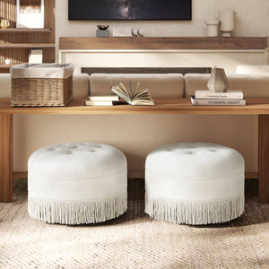 English Elm Jennifer Taylor Home - Yolanda 24" Round Upholstered Ottoman in Almond White Chenille — Handcrafted, Tassel Fringe, Versatile Seat B2719P280167