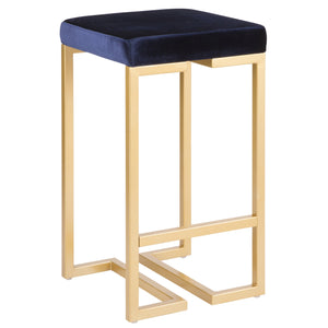 English Elm Midas 26" Contemporary-Glam Counter Stool with Gold Geometric Frame and Plush Velvet Seat, Set of 2 Blue B202P222391