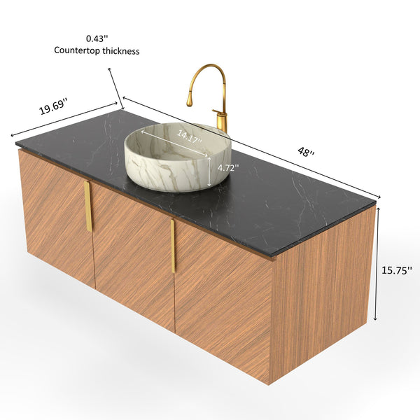 English Elm Arai 48" Wall-Mounted Bathroom Vanity With Black Stone Countertop & White Ceramic Basin, Storage Cabinet W2615S00358
