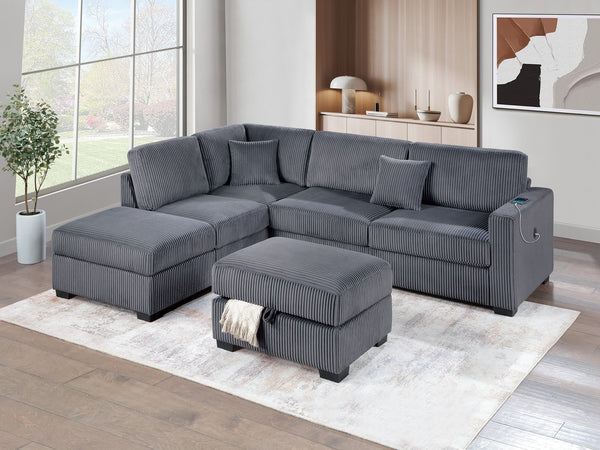 English Elm Dark Gray Wide-Welt Corduroy Sectional Sofa 3pc L-Shaped Reversible Chaise w/ USB Storage Ottoman B011S01771