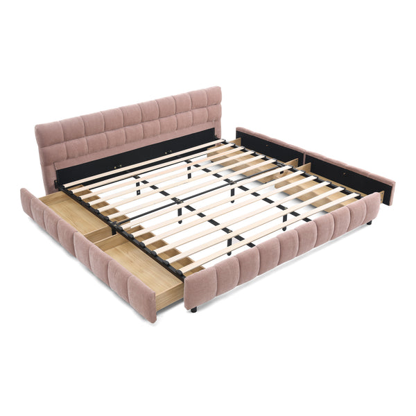 English Elm King Upholstered Bed Frame with Plush Chenille Headboard, Modern Storage Drawers & Solid Assembly-Friendly Design Pink W487P235312