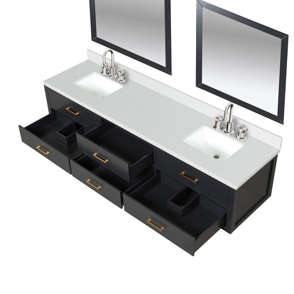 English Elm Black Double Bath Vanity 84" W X 22" D With White Quartz Top, Chrome Faucets & Matching Mirrors Set B2731S01849