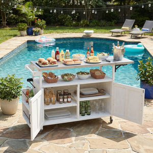 English Elm Foldable Outdoor Kitchen Cart with Stainless Worktop Fir Wood Frame and Lockable Wheels White N719P380279K