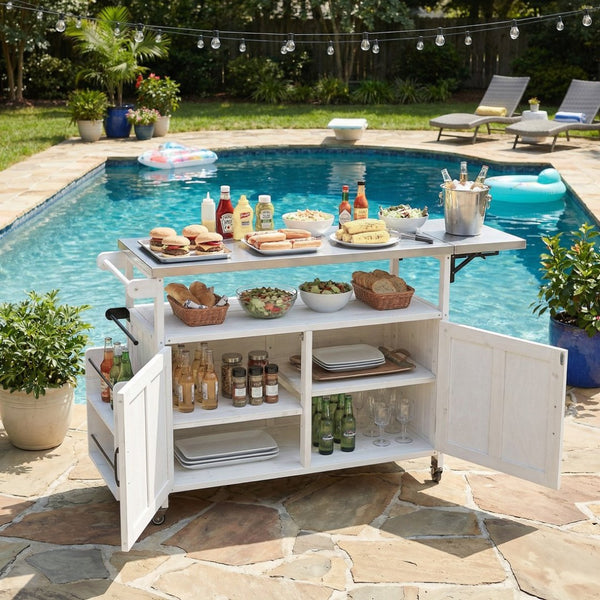 English Elm Foldable Outdoor Kitchen Cart with Stainless Worktop Fir Wood Frame and Lockable Wheels White N719P380279K