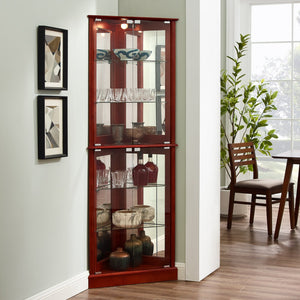 English Elm Corner Curio Display Cabinet with Mirrored Back, Interior Lighting, Adjustable Glass Shelves, Elegant Finish Cherry W1693P171669