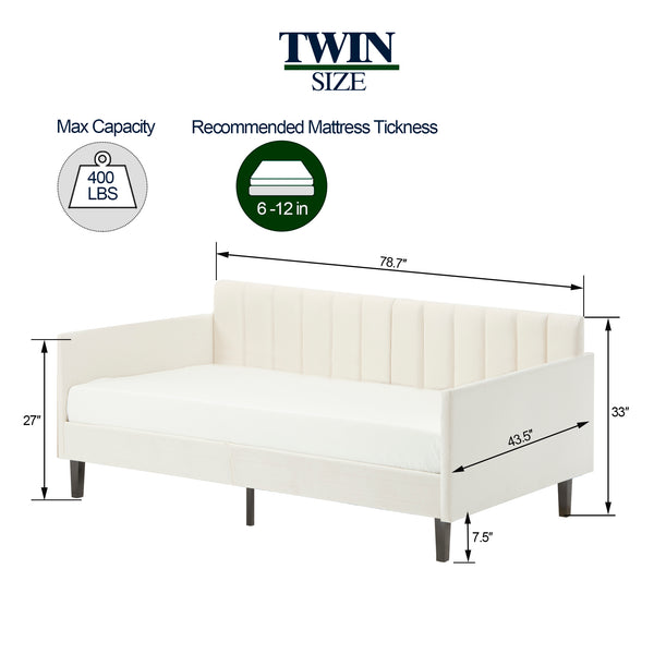 English Elm Elena Twin Size Beige Velvet Daybed with Ribbed Tufted Backrest, Foam Comfort, 400lb Capacity B083P152010