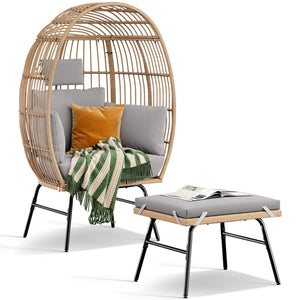 English Elm Outdoor Garden Wicker Egg Chair with Ottoman, Ergonomic Lumbar Support, Thick Weatherproof Cushions W2337P151815