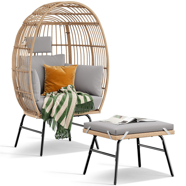 English Elm Outdoor Garden Wicker Egg Chair with Ottoman, Ergonomic Lumbar Support, Thick Weatherproof Cushions W2337P151815