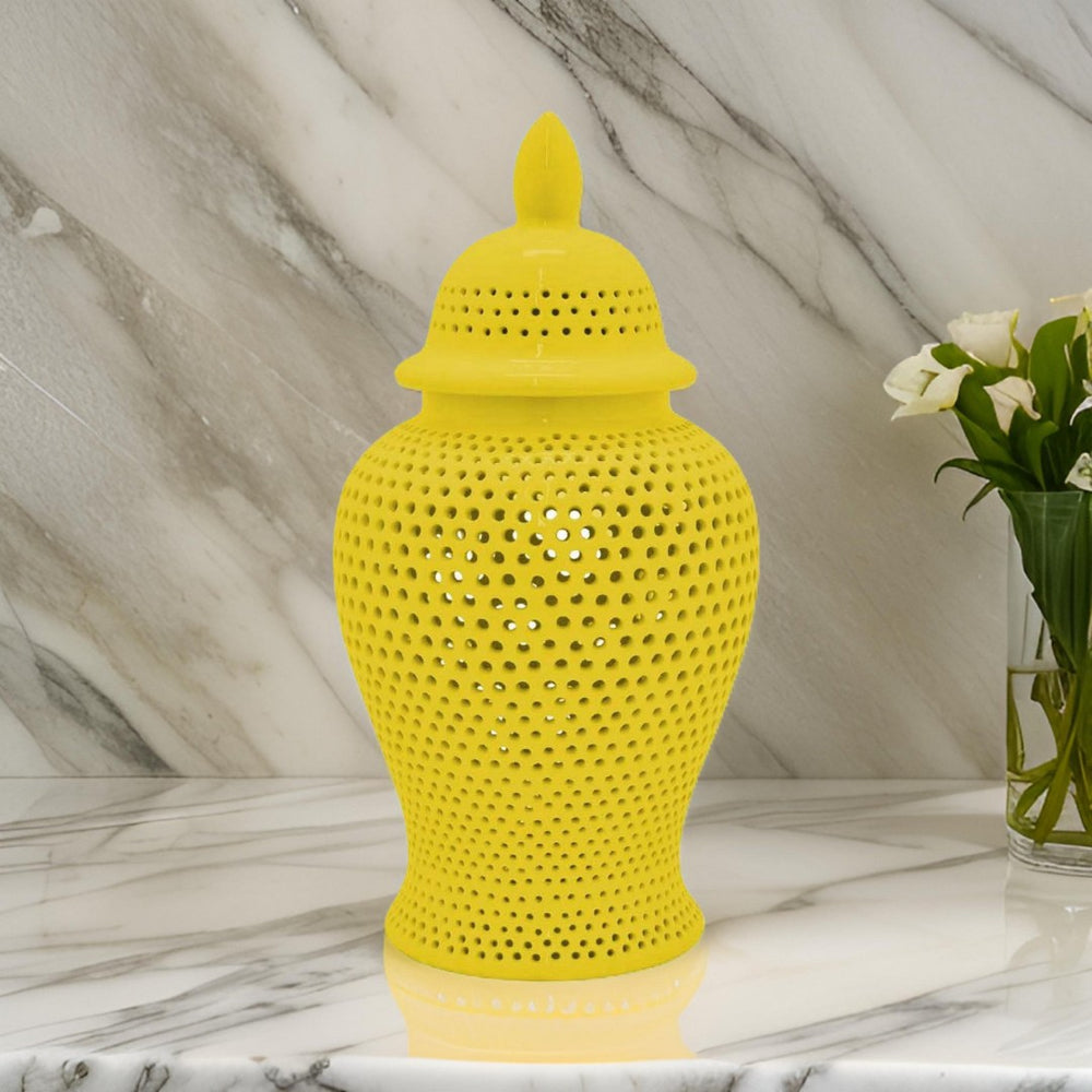 English Elm Deni Ceramic Temple Jar with Carved Lattice Cutouts and Removable Lid for Shelf Decor B056P416853