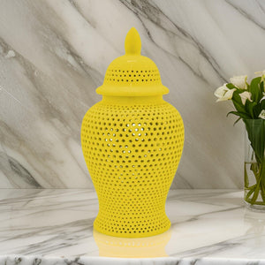 English Elm Deni Ceramic Temple Jar with Carved Lattice Cutouts and Removable Lid for Shelf Decor B056P416853
