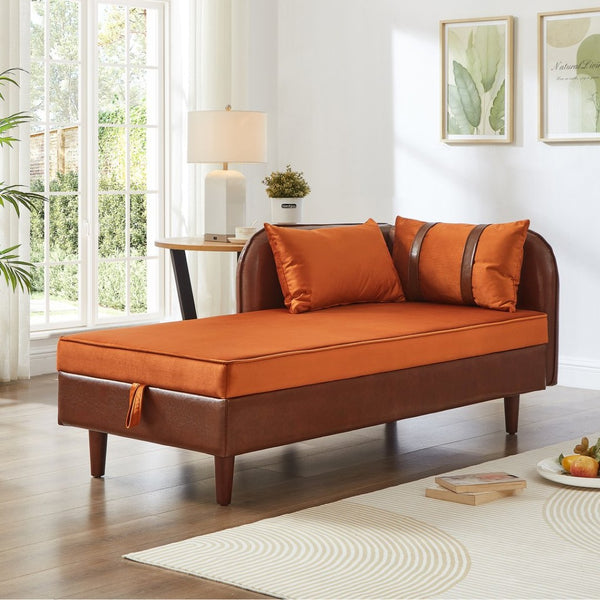 English Elm 65" Velvet Storage Chaise Lounge with Pu Leather Panels Eucalyptus Frame Accent Seat Orange+Dark Brown W1097P434116